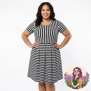 LuLaRoe Amelia Dress Women’s Large Black White Bold Stripe Pleated Pockets